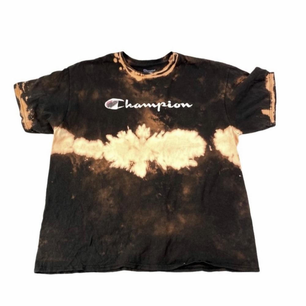 Champion Bleach Tie Dye T-Shirt Black Short Sleeve Custom OOAK Cracked Graphic